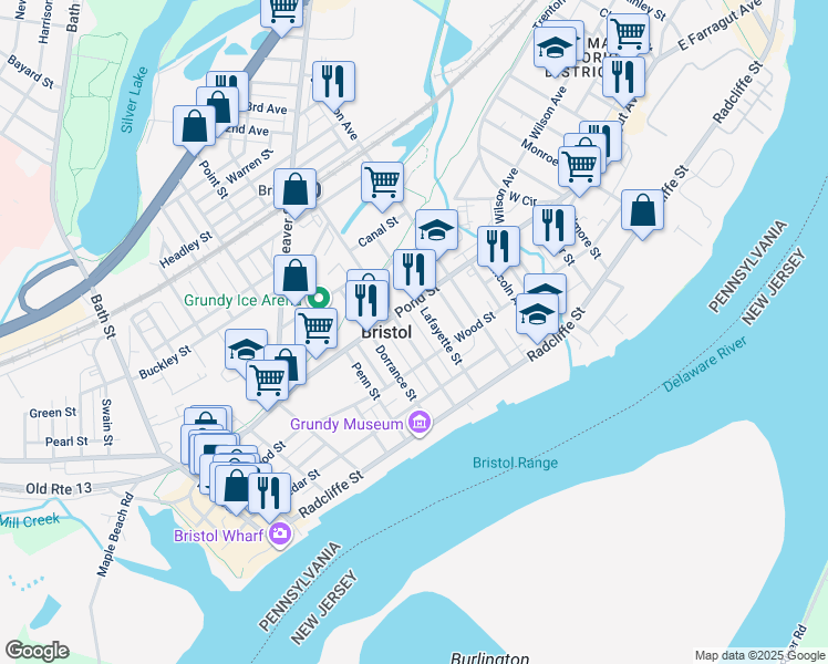 map of restaurants, bars, coffee shops, grocery stores, and more near 329 Washington Street in Bristol