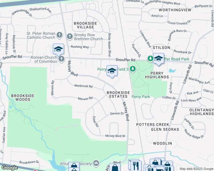 map of restaurants, bars, coffee shops, grocery stores, and more near 6697 McVey Boulevard in Columbus