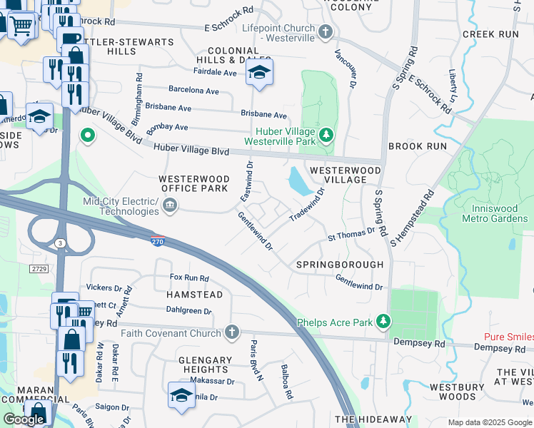 map of restaurants, bars, coffee shops, grocery stores, and more near 280 Crosscountry Loop in Westerville