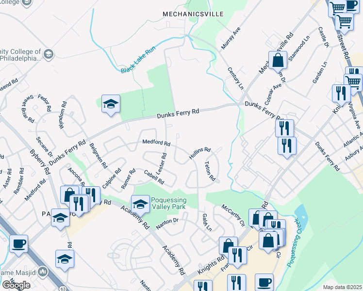 map of restaurants, bars, coffee shops, grocery stores, and more near 12800 Medford Road in Philadelphia