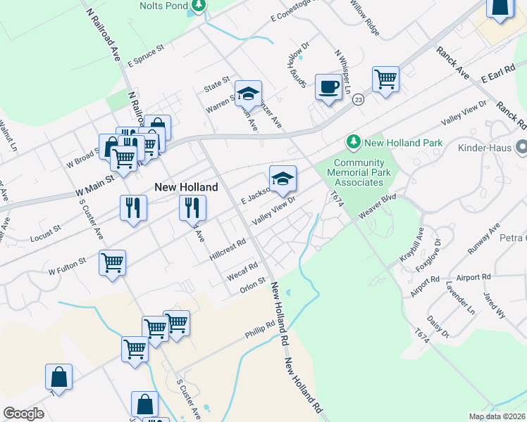 map of restaurants, bars, coffee shops, grocery stores, and more near 331 Valley View Drive in New Holland