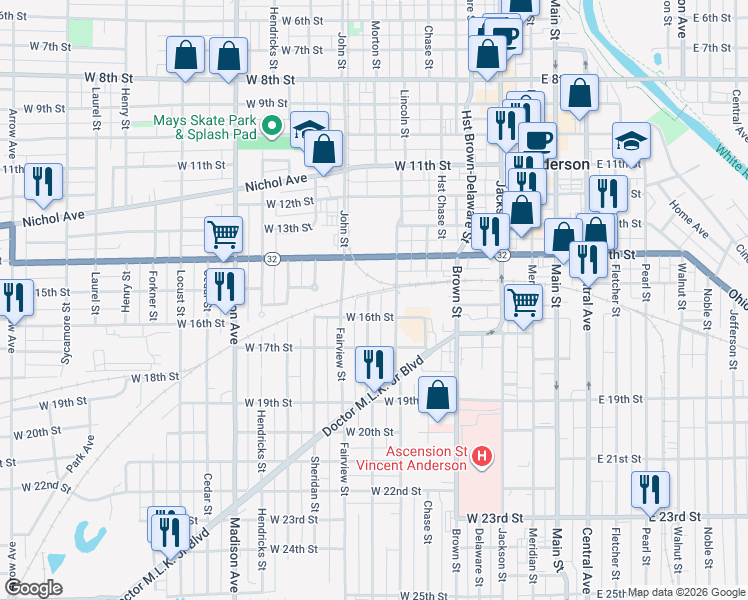 map of restaurants, bars, coffee shops, grocery stores, and more near 1510 Morton Street in Anderson