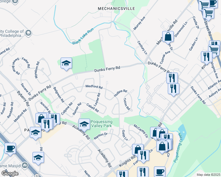 map of restaurants, bars, coffee shops, grocery stores, and more near 12802 Medford Road in Philadelphia