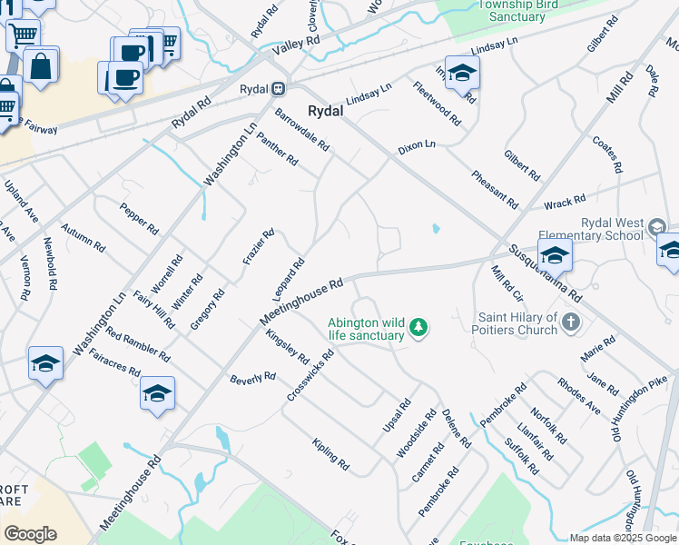 map of restaurants, bars, coffee shops, grocery stores, and more near 956 Meetinghouse Road in Rydal