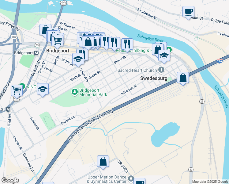 map of restaurants, bars, coffee shops, grocery stores, and more near 447 Coates Street in Bridgeport