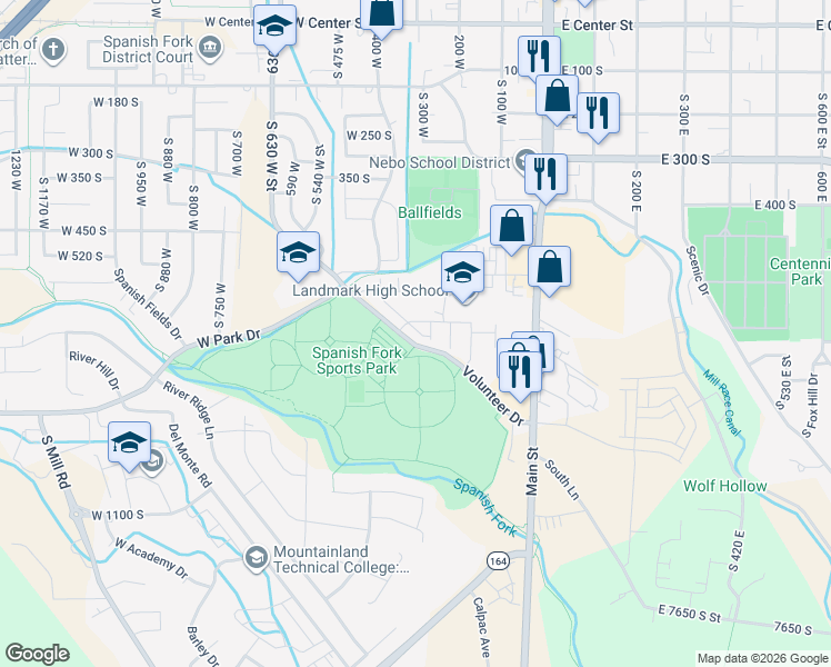 map of restaurants, bars, coffee shops, grocery stores, and more near 297 West Park View Lane in Spanish Fork