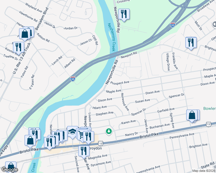 map of restaurants, bars, coffee shops, grocery stores, and more near 900 Newportville Road in Croydon