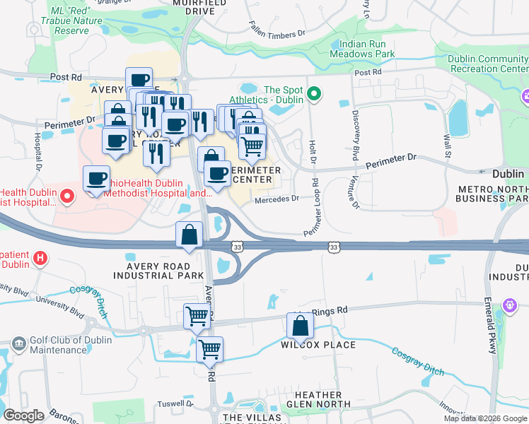 map of restaurants, bars, coffee shops, grocery stores, and more near 6500 Perimeter Loop Road in Dublin