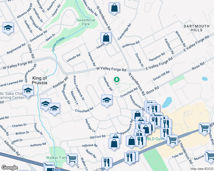 map of restaurants, bars, coffee shops, grocery stores, and more near 271 Heather Road in King of Prussia