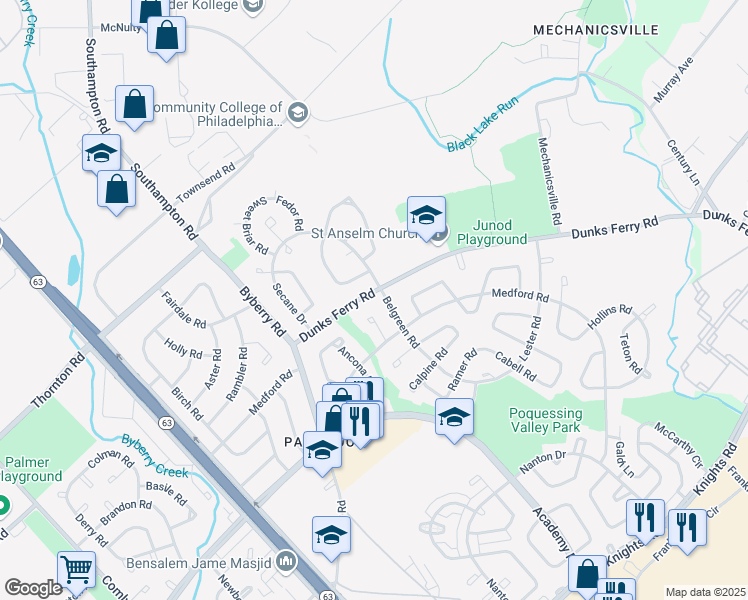map of restaurants, bars, coffee shops, grocery stores, and more near 12429 Dunks Ferry Road in Philadelphia