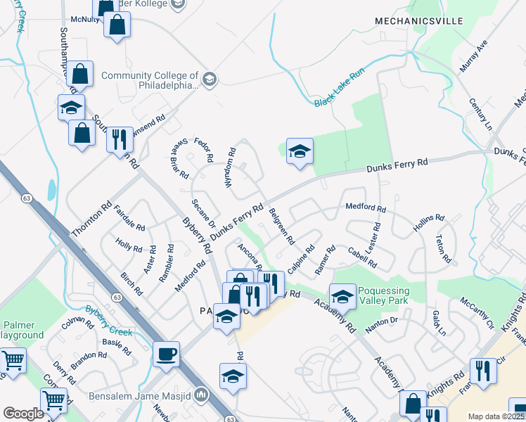 map of restaurants, bars, coffee shops, grocery stores, and more near 12429 Dunks Ferry Road in Philadelphia
