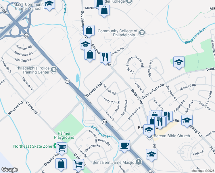 map of restaurants, bars, coffee shops, grocery stores, and more near 12201 Thornton Road in Philadelphia