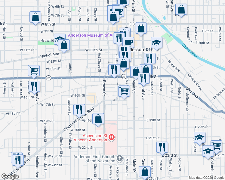 map of restaurants, bars, coffee shops, grocery stores, and more near 1521 Jackson Street in Anderson