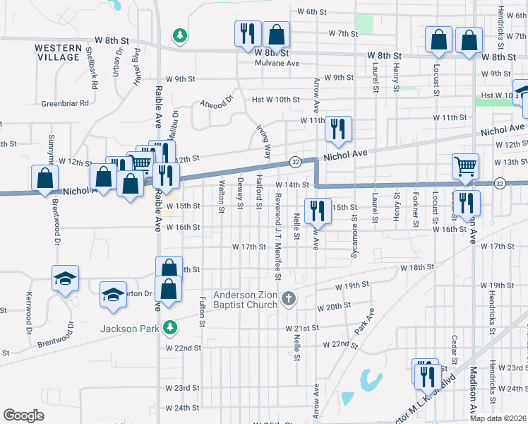 map of restaurants, bars, coffee shops, grocery stores, and more near 1501 Reverend J.T. Menifee Street in Anderson