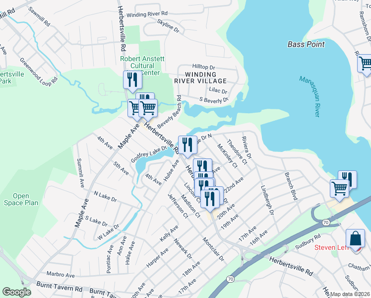 map of restaurants, bars, coffee shops, grocery stores, and more near 267 Riverside Drive North in Brick Township