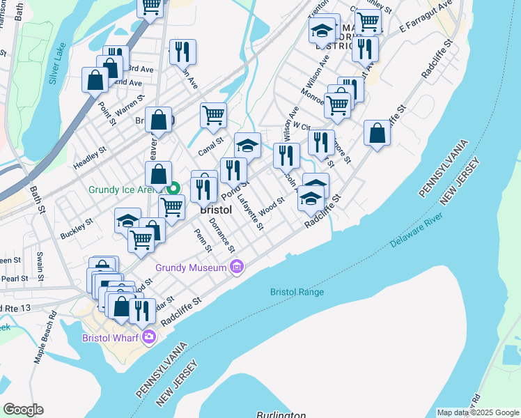 map of restaurants, bars, coffee shops, grocery stores, and more near 915 Wood Street in Bristol