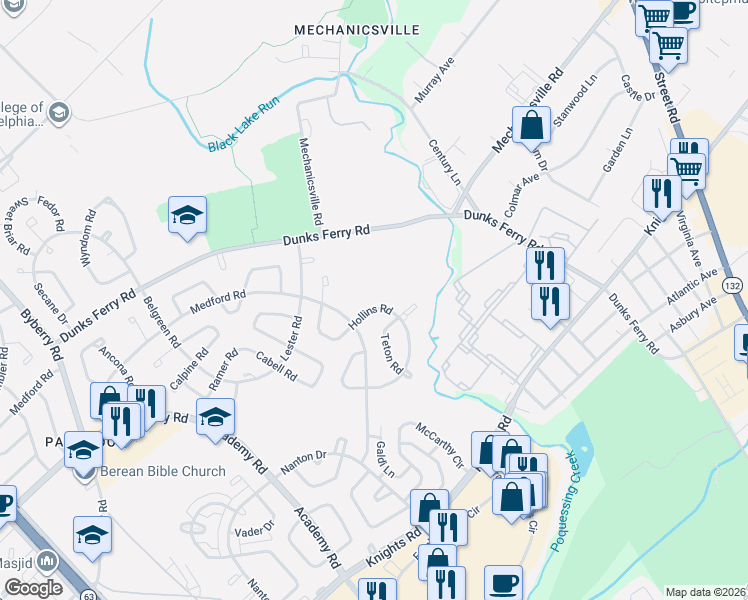 map of restaurants, bars, coffee shops, grocery stores, and more near 12746 Hollins Road in Philadelphia