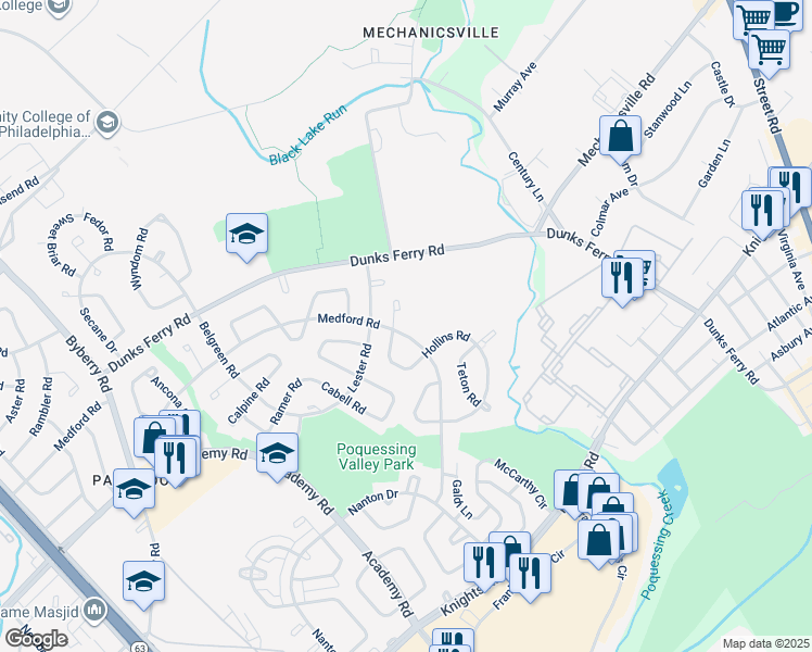 map of restaurants, bars, coffee shops, grocery stores, and more near 12800 Medford Road in Philadelphia