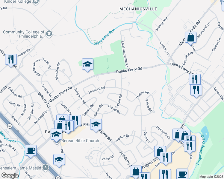 map of restaurants, bars, coffee shops, grocery stores, and more near 12735 Minden Road in Philadelphia