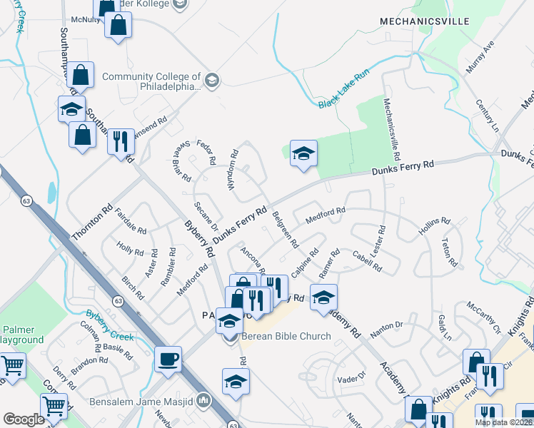 map of restaurants, bars, coffee shops, grocery stores, and more near 12437 Dunks Ferry Road in Philadelphia