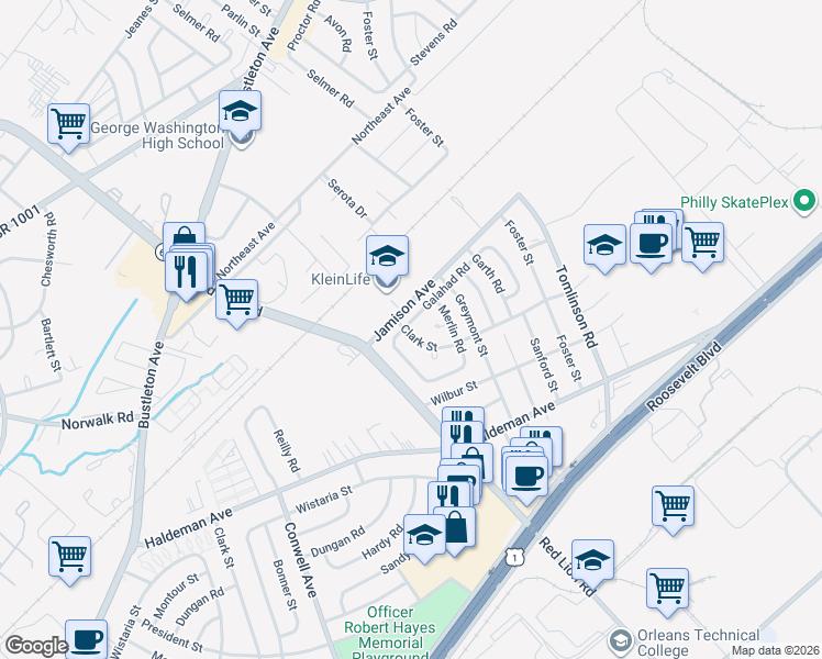 map of restaurants, bars, coffee shops, grocery stores, and more near 10109 Galahad Road in Philadelphia