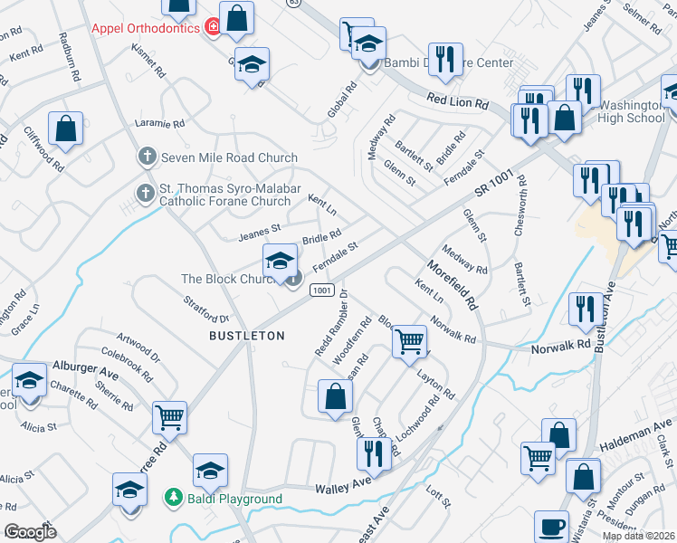 map of restaurants, bars, coffee shops, grocery stores, and more near 9820 Ferndale Street in Philadelphia