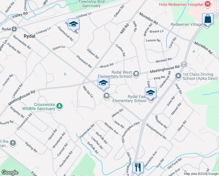 map of restaurants, bars, coffee shops, grocery stores, and more near 1112 Timbergate Drive in Rydal