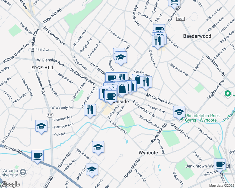 map of restaurants, bars, coffee shops, grocery stores, and more near 117 South Easton Road in Glenside