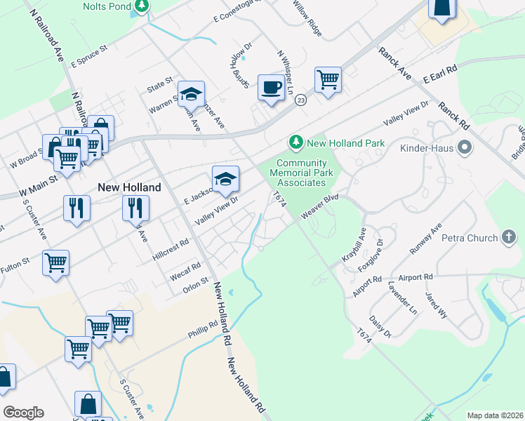 map of restaurants, bars, coffee shops, grocery stores, and more near 390 Valley View Drive in New Holland