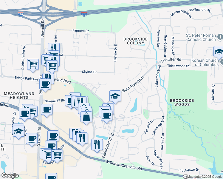 map of restaurants, bars, coffee shops, grocery stores, and more near 7041 Bent Tree Boulevard in Columbus