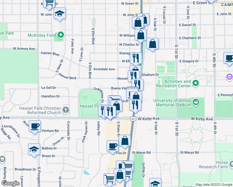 map of restaurants, bars, coffee shops, grocery stores, and more near 1310 South State Street in Champaign
