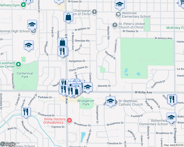map of restaurants, bars, coffee shops, grocery stores, and more near 1404 Cambridge Drive in Champaign