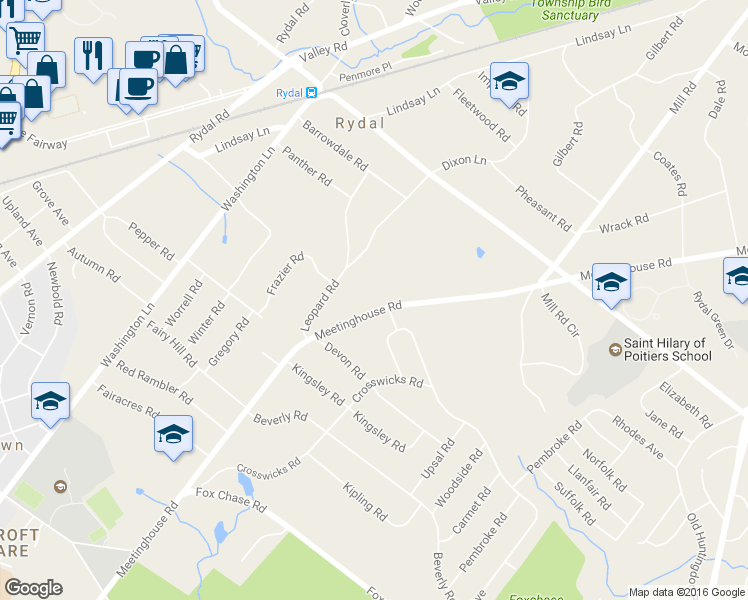 map of restaurants, bars, coffee shops, grocery stores, and more near 956 Meetinghouse Road in Rydal