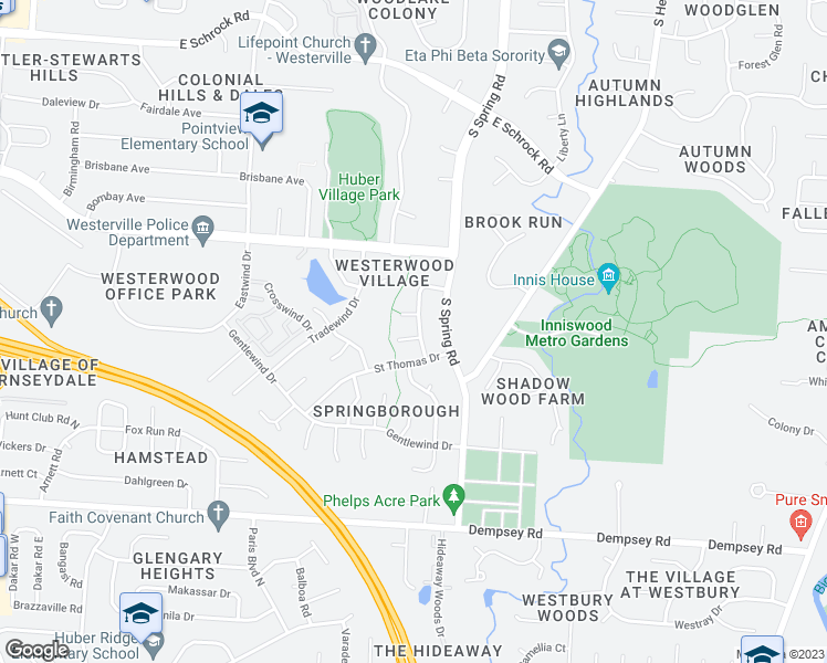 map of restaurants, bars, coffee shops, grocery stores, and more near 412 Sentry Lane in Westerville