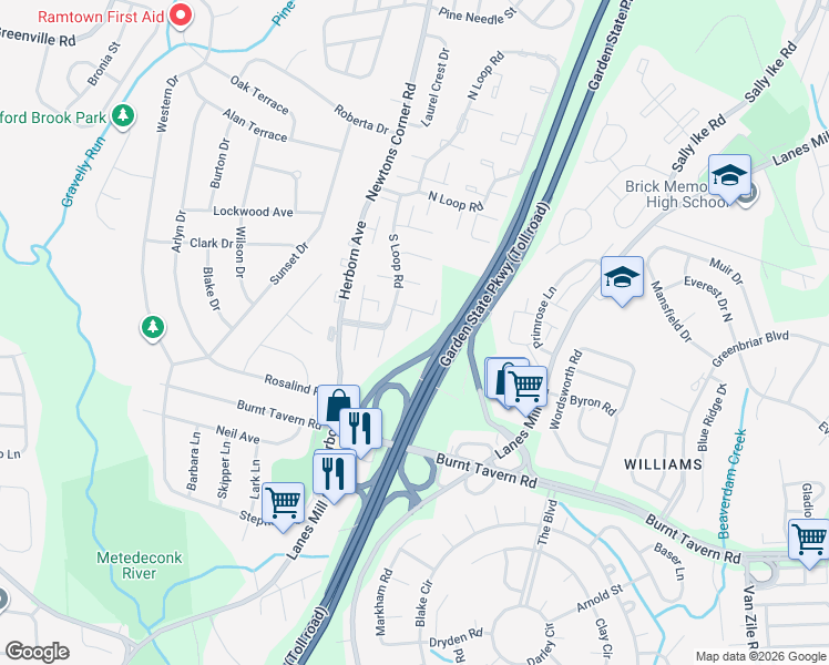 map of restaurants, bars, coffee shops, grocery stores, and more near 178 Esmeralda Court in Brick Township