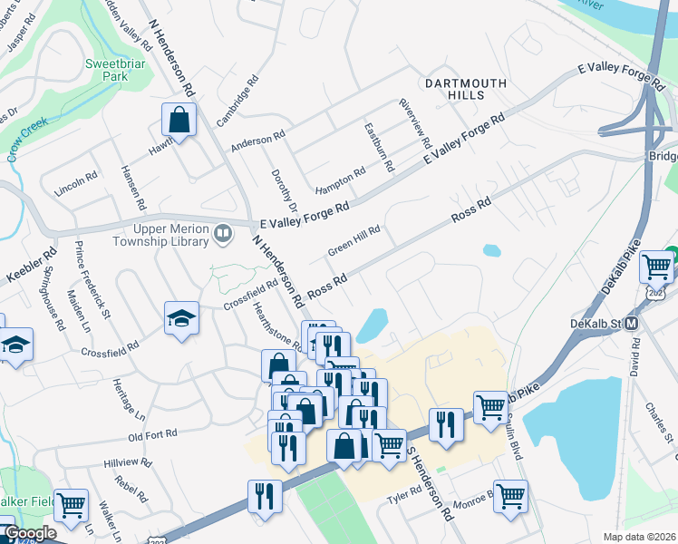map of restaurants, bars, coffee shops, grocery stores, and more near 141 Green Hill Road in King of Prussia