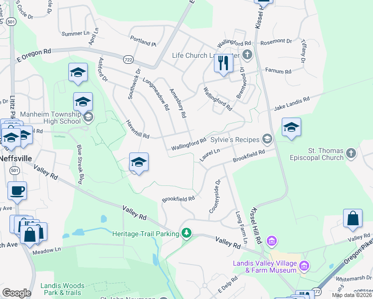 map of restaurants, bars, coffee shops, grocery stores, and more near 528 Wallingford Road in Lancaster