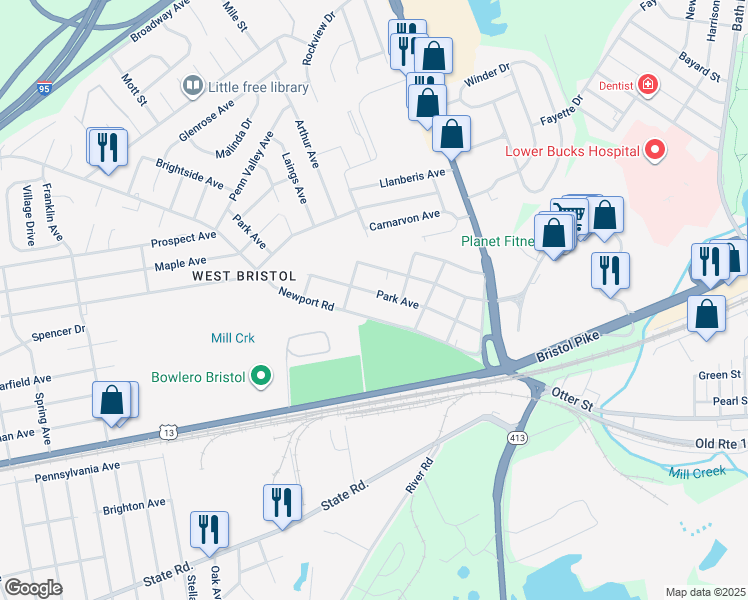 map of restaurants, bars, coffee shops, grocery stores, and more near 525 Park Avenue in Bristol
