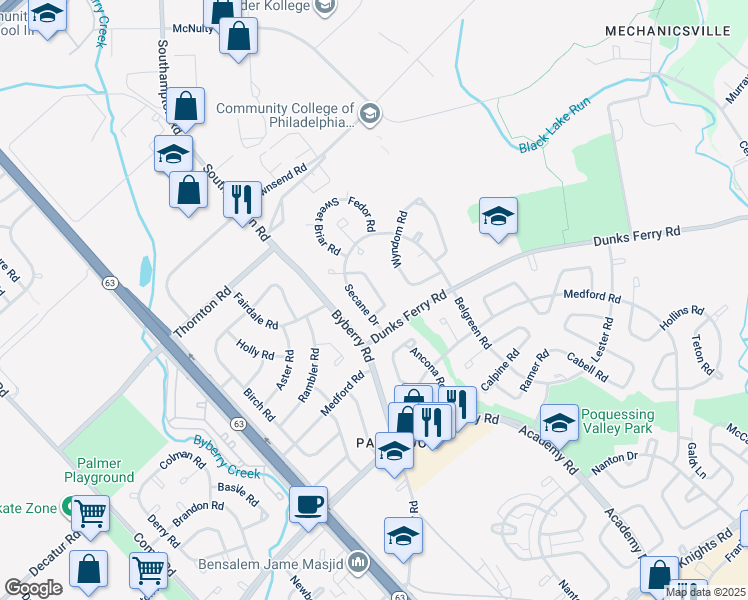 map of restaurants, bars, coffee shops, grocery stores, and more near 12400 Barbary Road in Philadelphia