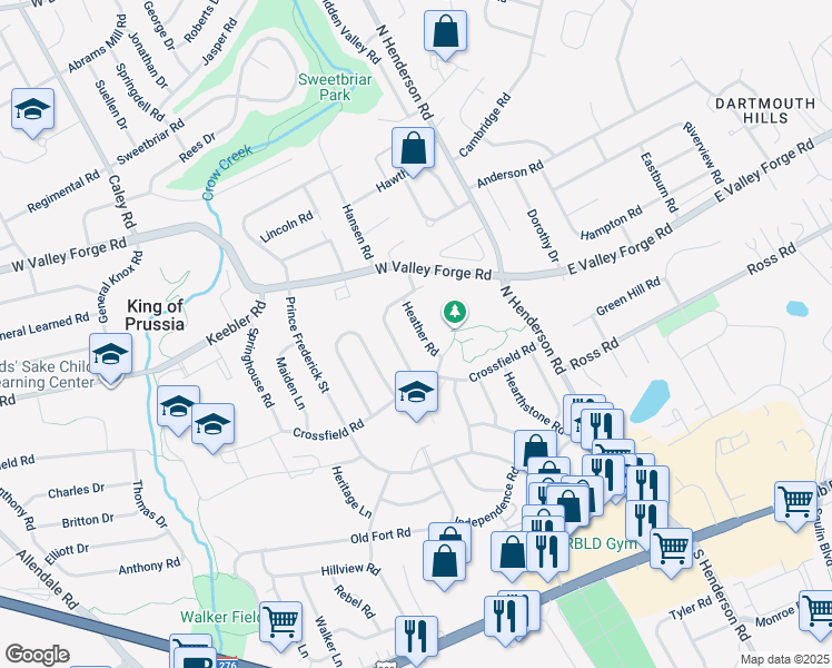map of restaurants, bars, coffee shops, grocery stores, and more near 271 Heather Road in King of Prussia