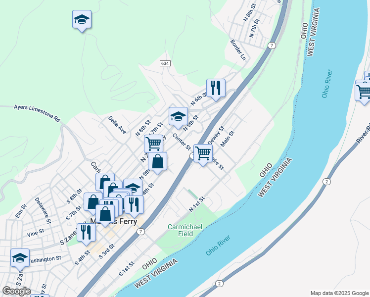 map of restaurants, bars, coffee shops, grocery stores, and more near 413 Center Street in Martins Ferry