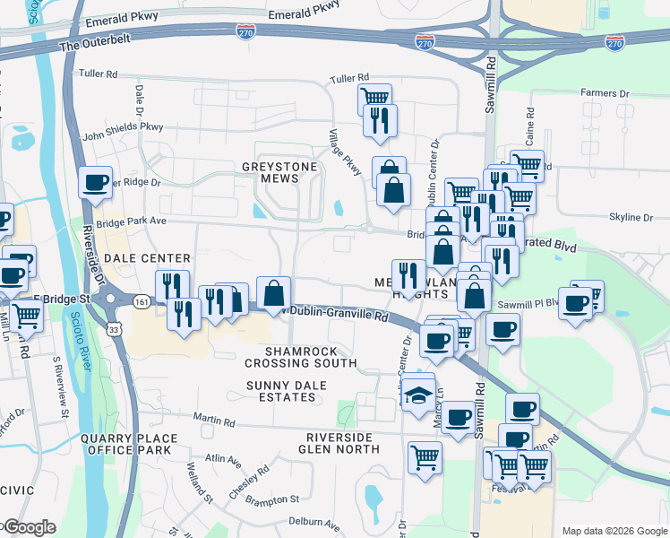 map of restaurants, bars, coffee shops, grocery stores, and more near 6629 David Rd in Dublin