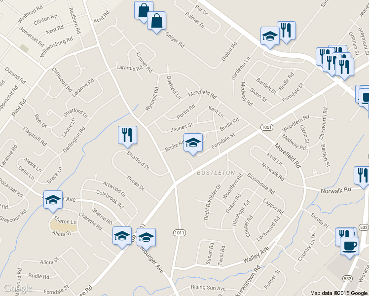map of restaurants, bars, coffee shops, grocery stores, and more near 9735 Bridle Road in Philadelphia