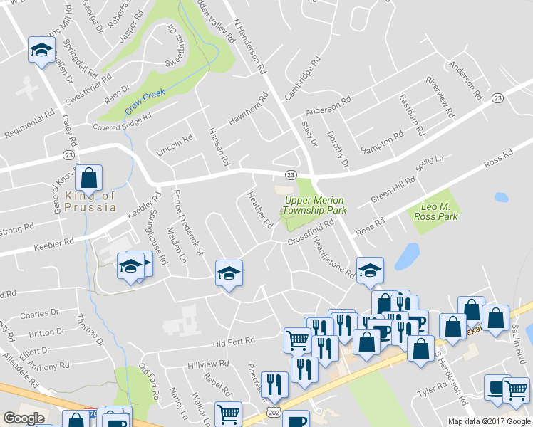 map of restaurants, bars, coffee shops, grocery stores, and more near 268 Heather Road in King of Prussia