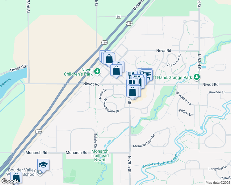 map of restaurants, bars, coffee shops, grocery stores, and more near 6980 Niwot Square Drive in Longmont