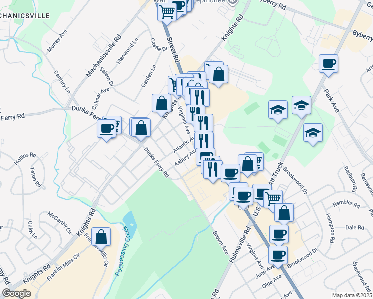 map of restaurants, bars, coffee shops, grocery stores, and more near 2828 Asbury Avenue in Bensalem