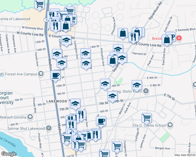 map of restaurants, bars, coffee shops, grocery stores, and more near 23 10th Street in Lakewood