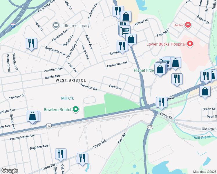 map of restaurants, bars, coffee shops, grocery stores, and more near 525 Park Avenue in Bristol