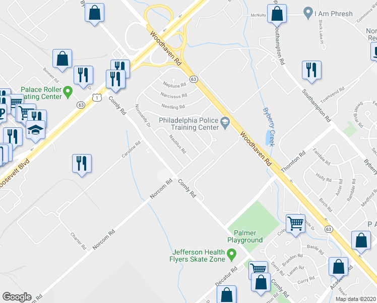 map of restaurants, bars, coffee shops, grocery stores, and more near 2875 Nautilus Road in Philadelphia