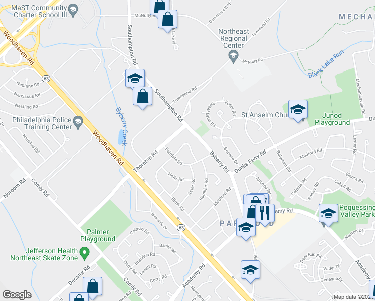 map of restaurants, bars, coffee shops, grocery stores, and more near 3120 Morning Glory Road in Philadelphia
